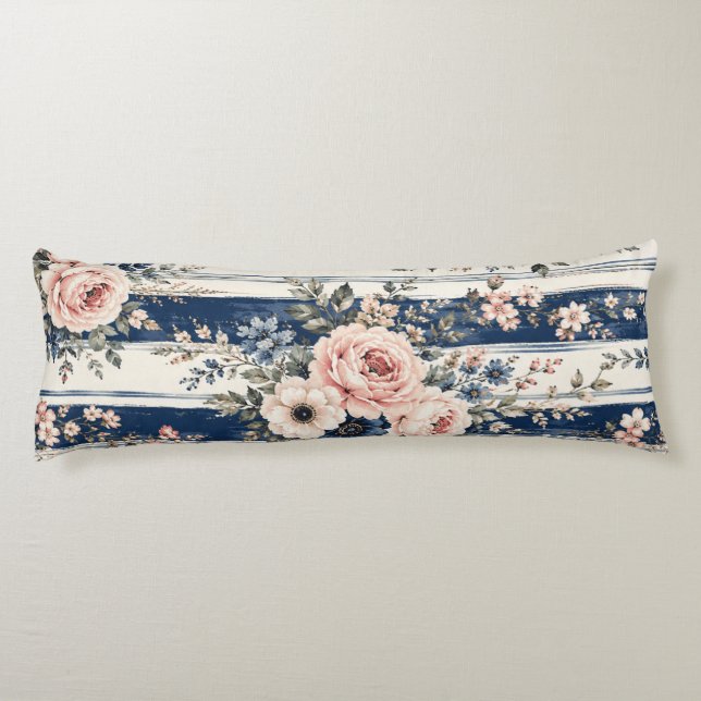 Watercolor Navy Floral Stripe Pattern Design Body Cushion (Back)