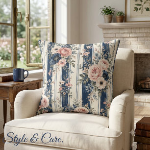 Watercolor Navy Floral Stripe Pattern Design Cushion