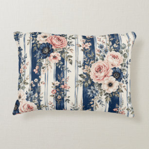 Watercolor Navy Floral Stripe Pattern Design Decorative Cushion