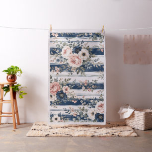 Watercolor Navy Floral Stripe Pattern Design Fabric