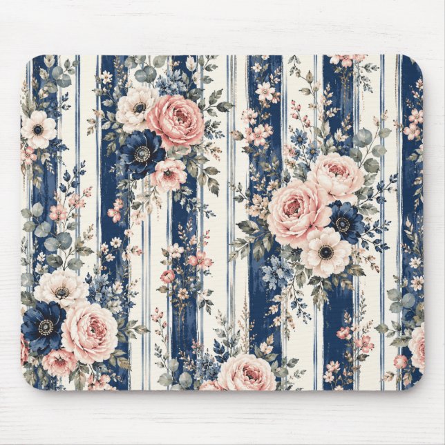 Watercolor Navy Floral Stripe Pattern Design Mouse Mat (Front)