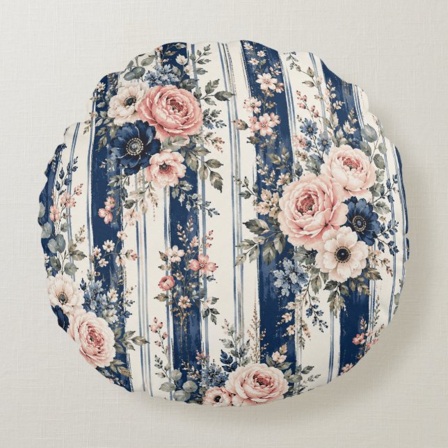 Watercolor Navy Floral Stripe Pattern Design Round Cushion (Front)