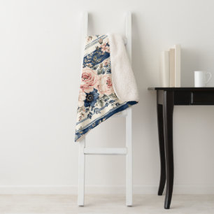 Watercolor Navy Floral Stripe Pattern Design Sherpa Blanket