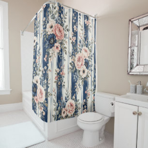 Watercolor Navy Floral Stripe Pattern Design Shower Curtain
