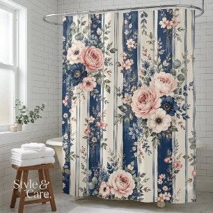 Watercolor Navy Floral Stripe Pattern Design Shower Curtain