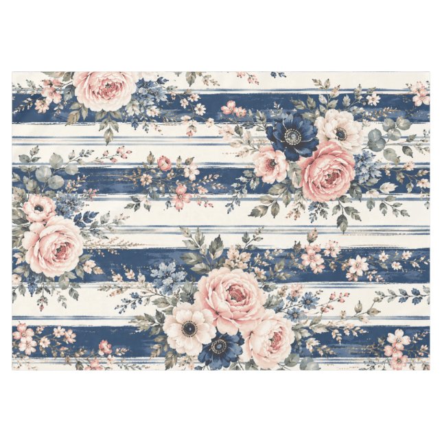Watercolor Navy Floral Stripe Pattern Design Tablecloth (Front (Horizontal))