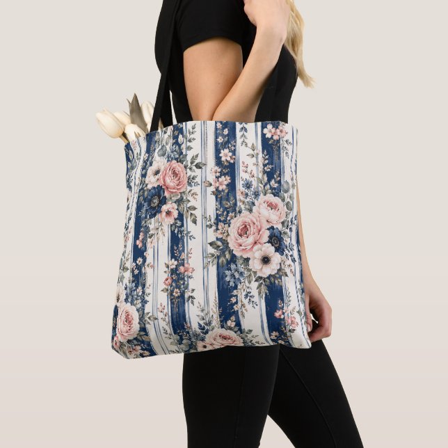 Watercolor Navy Floral Stripe Pattern Design Tote Bag (Close Up)
