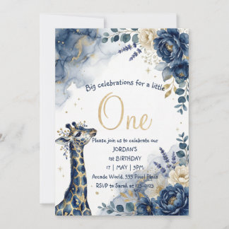 Watercolor Navy Giraffe Boy First Birthday Invitation
