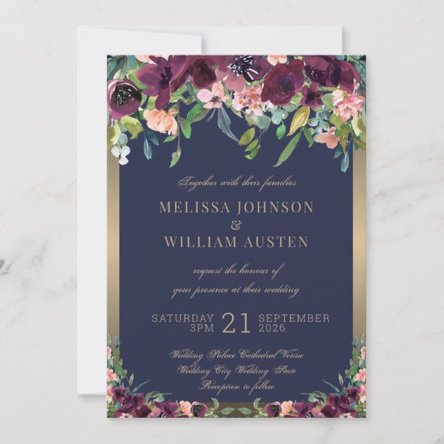Watercolor Navy Gold Burgundy Floral Wedding Invitation (Front)