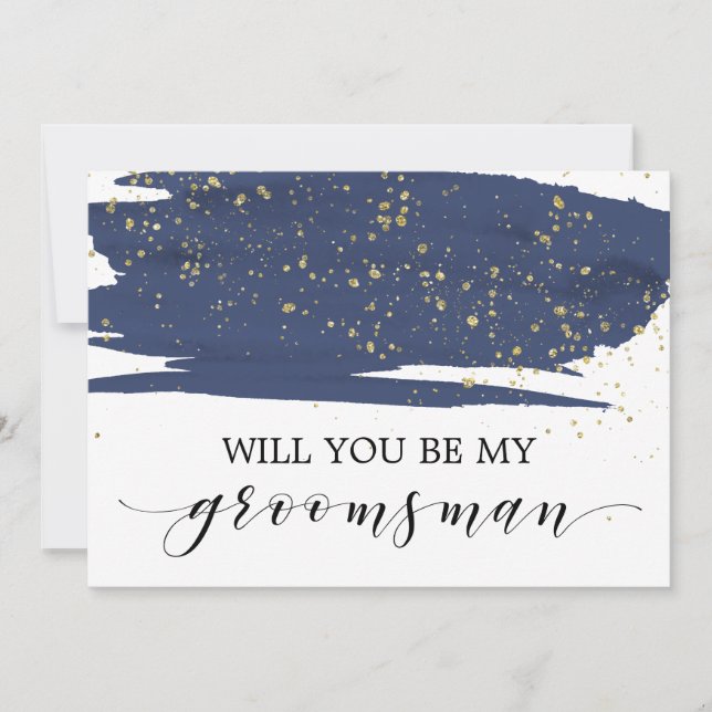 Watercolor Navy & Gold Will You Be My Groomsman Invitation (Front)