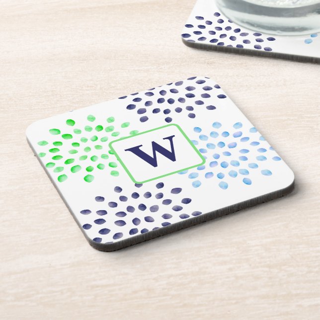 Watercolor Navy Green Blue Flower Monogram Coaster (Left Side)