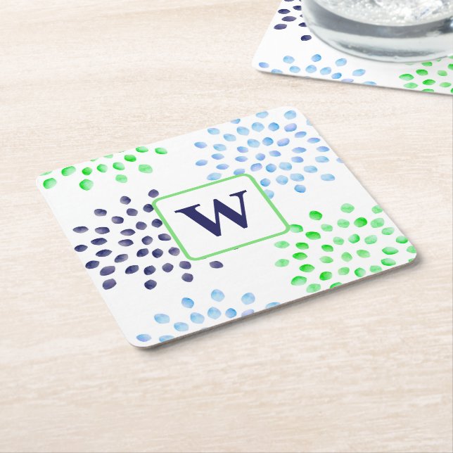 Watercolor Navy Green Blue Flower Monogram Square Paper Coaster (Angled)