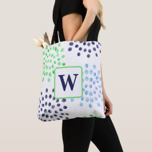 Watercolor Navy Green Blue Flower Monogram Tote Bag