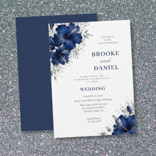 Watercolor Navy Hibiscus Silver Dust Wedding Invitation