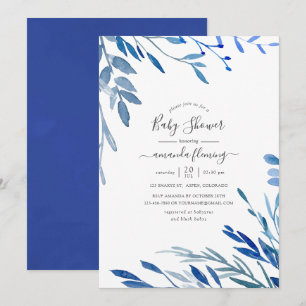 Watercolor Navy Indigo Leaves Baby Shower Invitation