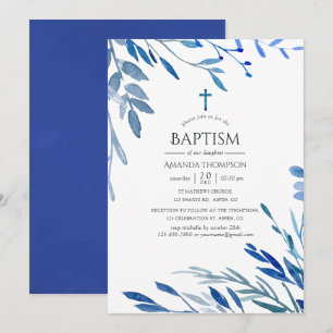 Watercolor Navy Indigo Leaves Baptism Invitation