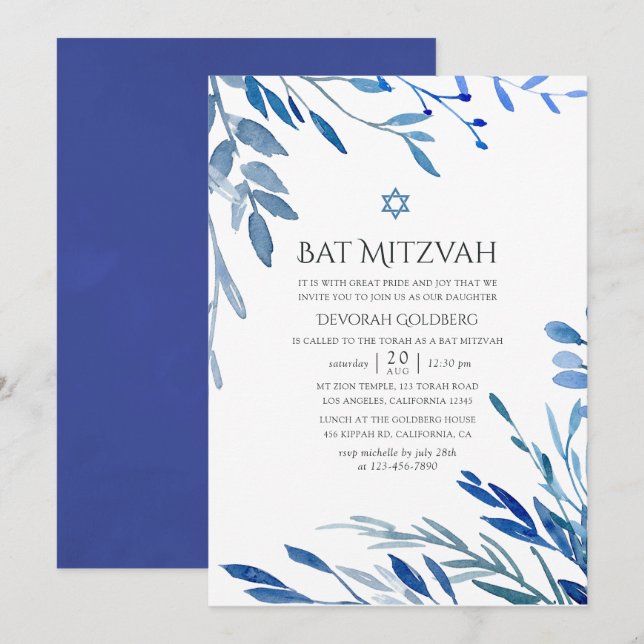 Watercolor Navy Indigo Leaves Bat Mitzvah Invitation (Front/Back)