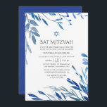 Watercolor Navy Indigo Leaves Bat Mitzvah Invitation<br><div class="desc">Navy blue and white foliage baptism invite designed to be quickly and easily customised to your event specifics.</div>