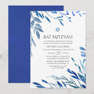 Watercolor Navy Indigo Leaves Bat Mitzvah Invitation