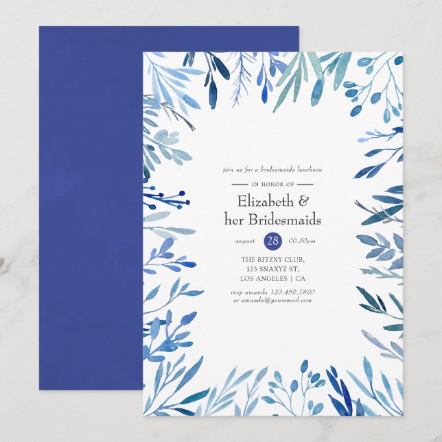 Watercolor Navy Indigo Leaves Bridesmaids Luncheon Invitation (Front/Back)