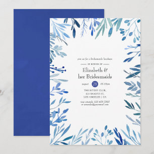 Watercolor Navy Indigo Leaves Bridesmaids Luncheon Invitation