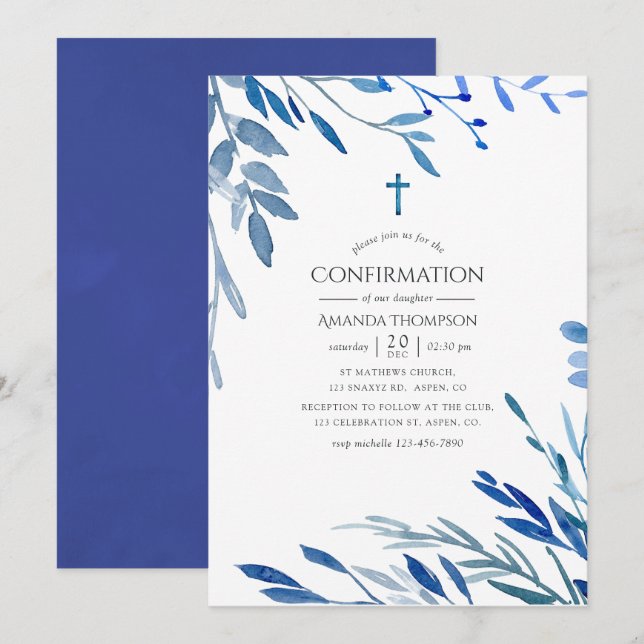 Watercolor Navy Indigo Leaves Confirmation Invitation (Front/Back)