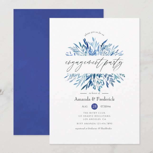 Watercolor Navy Indigo Leaves Engagement Party Invitation (Front/Back)