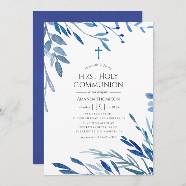 Watercolor Navy Indigo Leaves First Communion Invitation (Front/Back)