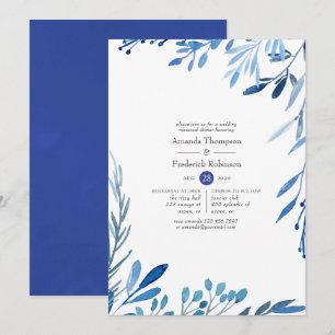 Watercolor Navy Indigo Leaves Rehearsal Dinner Invitation