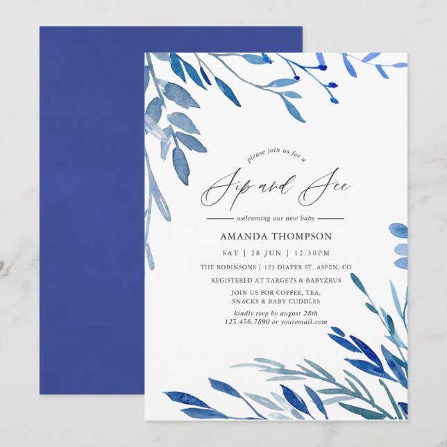 Watercolor Navy Indigo Leaves Sip and See Party Invitation (Front/Back)
