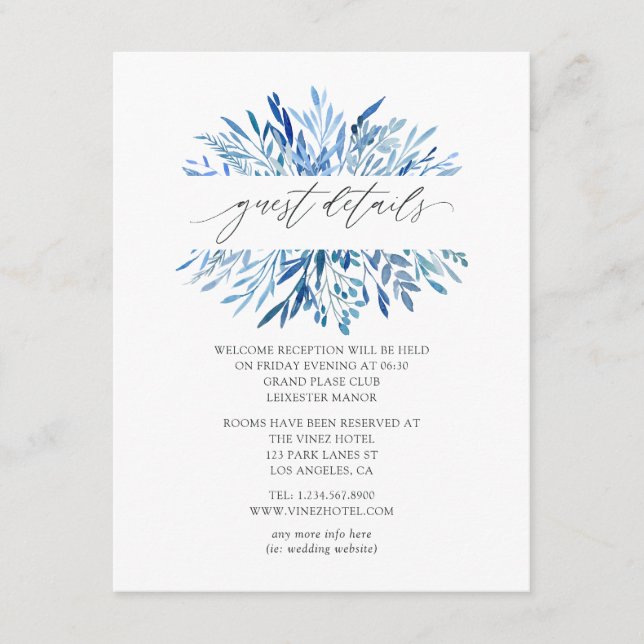 Watercolor Navy Indigo Leaves Wedding Guest Detail Enclosure Card (Front)