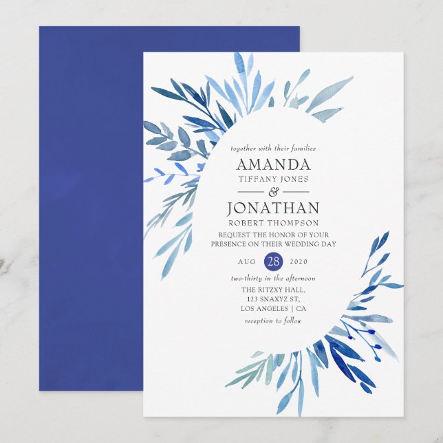 Watercolor Navy Indigo Leaves Wedding Invitation (Front/Back)