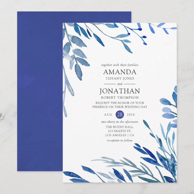 Watercolor Navy Indigo Leaves Wedding Invitation (Front/Back)