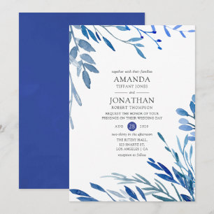 Watercolor Navy Indigo Leaves Wedding Invitation