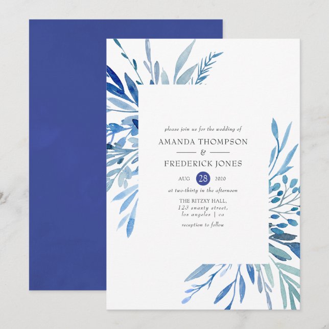 Watercolor Navy Indigo Leaves Wedding Invitation (Front/Back)