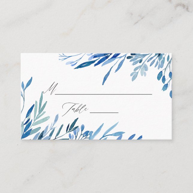 Watercolor Navy Indigo Leaves Wedding Place Card (Front)