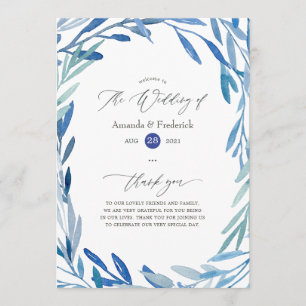 Watercolor Navy Indigo Leaves Wedding Programme