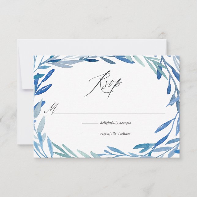 Watercolor Navy Indigo Leaves Wedding RSVP Card (Front)