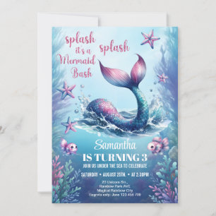 Watercolor navy rose gold mermaid tail birthday invitation