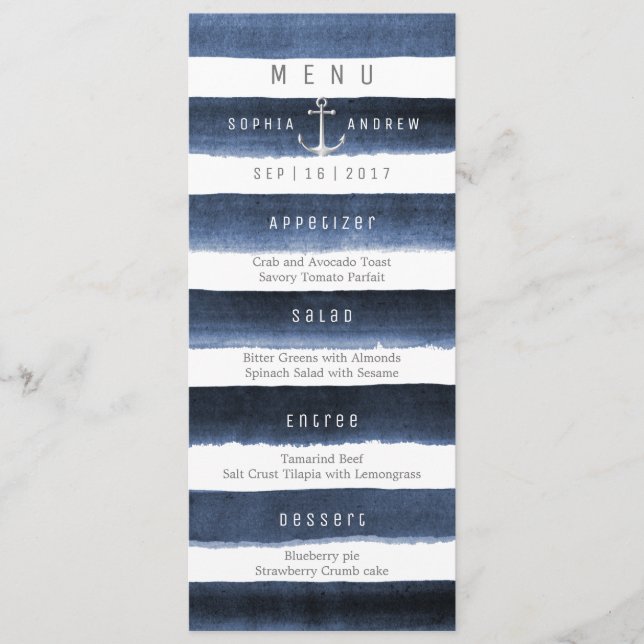 Watercolor navy stripes beach wedding menu (Front)