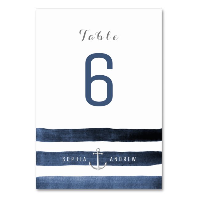 Watercolor navy stripes beach wedding table number (Front)