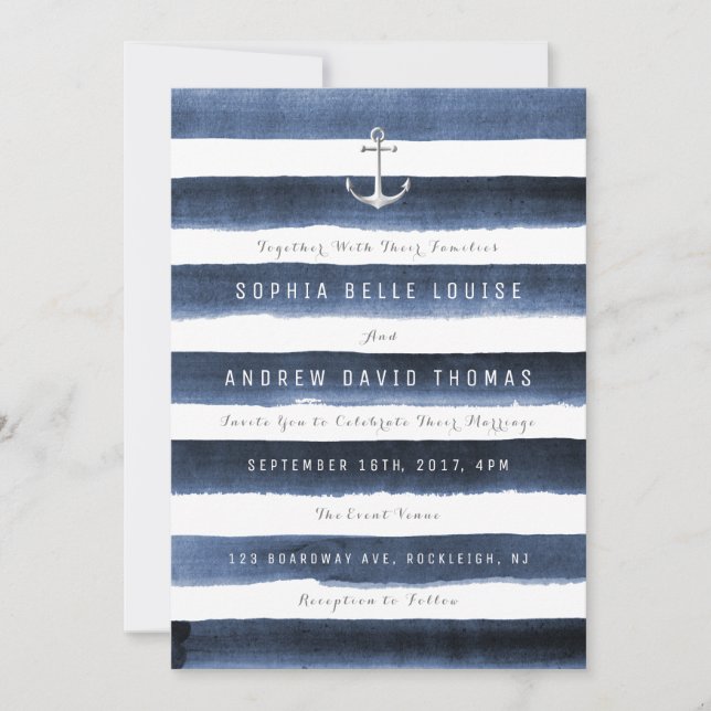 Watercolor navy stripes nautical beach wedding invitation (Front)