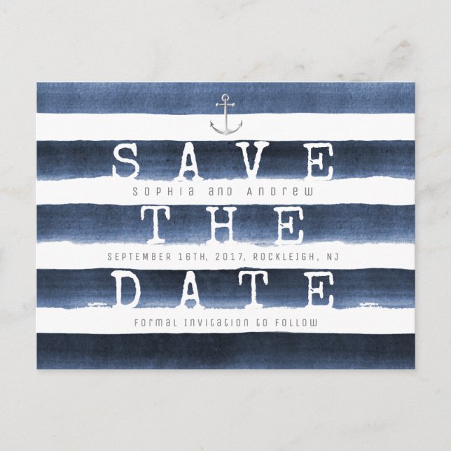 Watercolor navy stripes nautical save the date announcement postcard (Front)