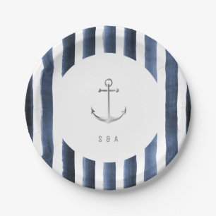 Watercolor navy stripes with anchor beach wedding paper plate
