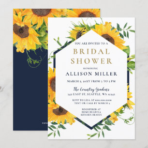 Watercolor Navy Sunflower Rustic Bridal Shower Invitation