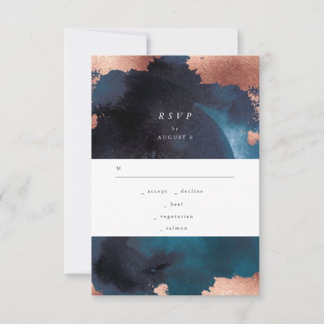 Watercolor Navy White Moody Rose Gold Wedding RSVP Card (Front)