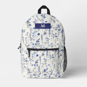 Watercolor Navy Wildflowers Custom Monogram Name Printed Backpack