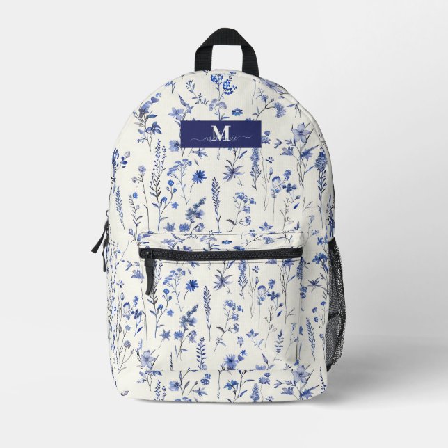 Watercolor Navy Wildflowers Custom Monogram Name Printed Backpack (Front)
