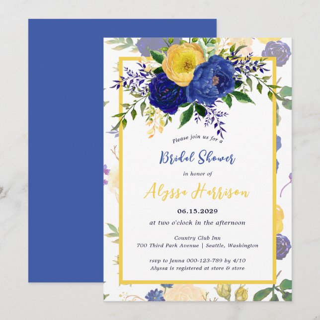 Watercolor Navy Yellowish Gold Floral Bridal Invitation (Front/Back)