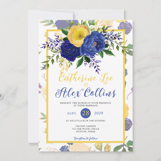 Watercolor Navy & Yellowish Gold Floral Wedding Invitation (Front)